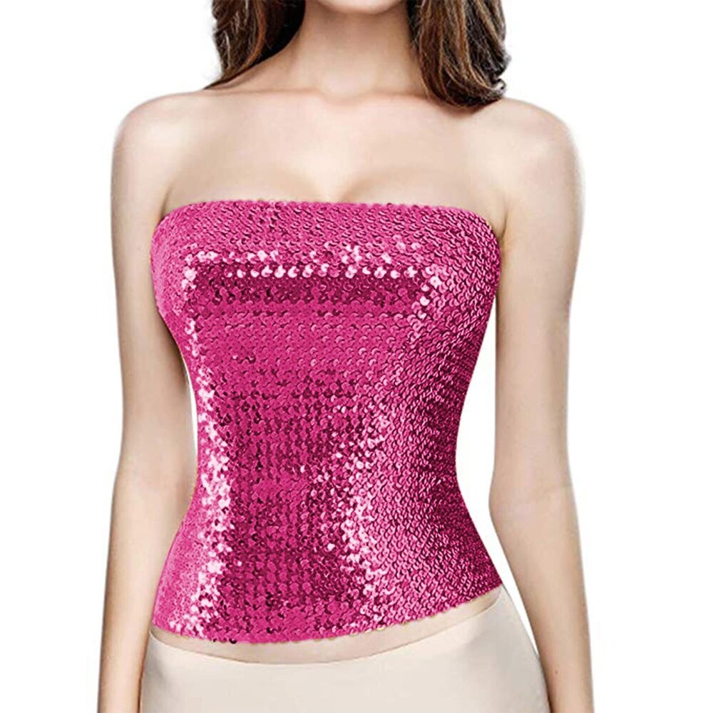 6371 Girls Sparkling Sequins Tube Top Strapless Stretchy Tank Top Crop Top